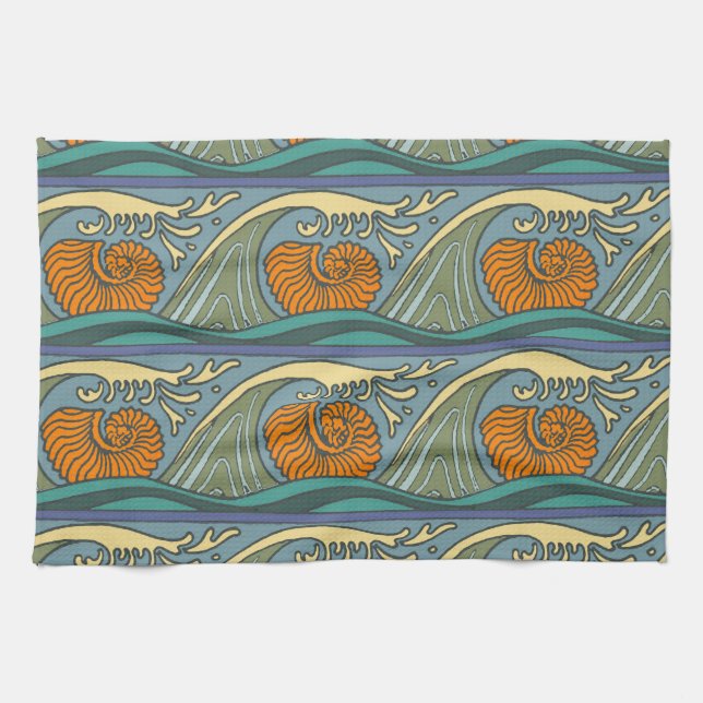 Blue Ocean Waves Nautilus Seashell Pattern Nouveau Towel (Horizontal)