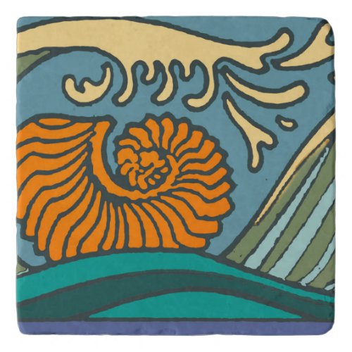 Blue Ocean Waves Nautilus Seashell Pattern Nouveau Trivet
