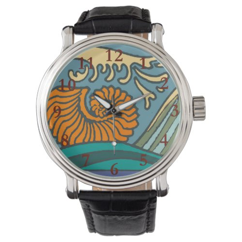 Blue Ocean Waves Nautilus Seashell Pattern Nouveau Watch