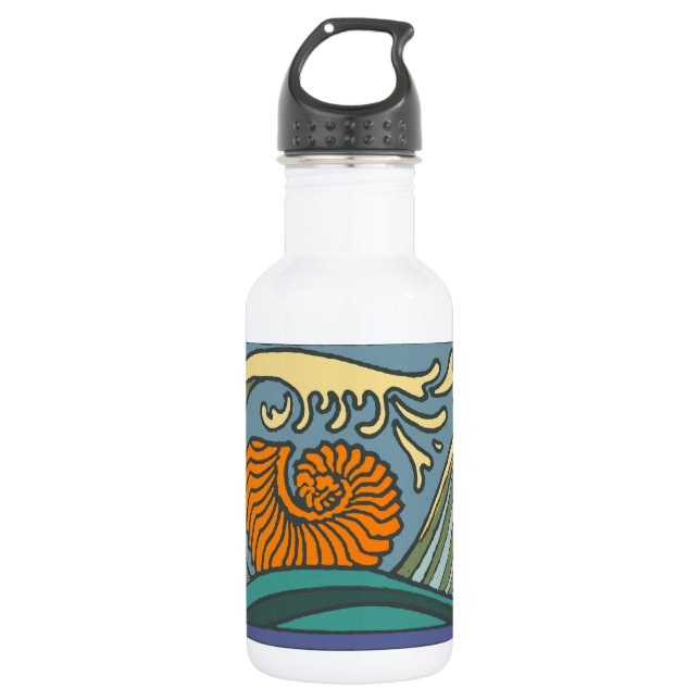 Blue Ocean Waves Nautilus Seashell Pattern Nouveau Water Bottle (Front)