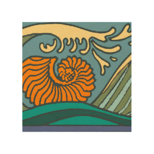 Blue Ocean Waves Nautilus Seashell Pattern Nouveau Wood Wall Art