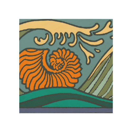 Blue Ocean Waves Nautilus Seashell Pattern Nouveau Wood Wall Art