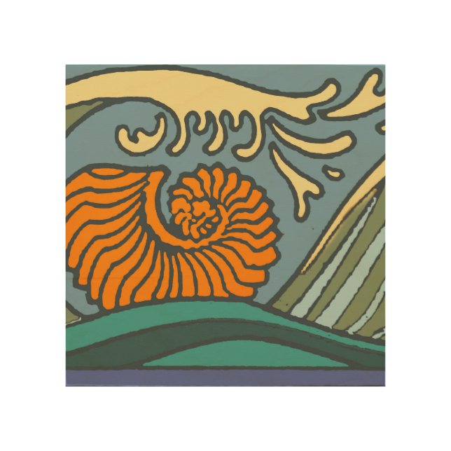 Blue Ocean Waves Nautilus Seashell Pattern Nouveau Wood Wall Art (Front)