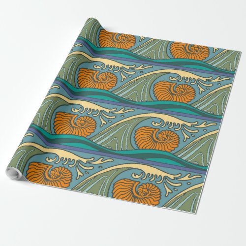Blue Ocean Waves Nautilus Seashell Pattern Nouveau Wrapping Paper