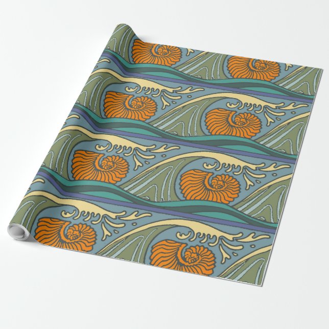 Blue Ocean Waves Nautilus Seashell Pattern Nouveau Wrapping Paper (Unrolled)