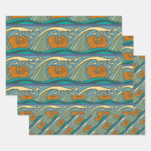Blue Ocean Waves Nautilus Seashell Pattern Nouveau Wrapping Paper Sheets
