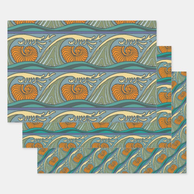 Blue Ocean Waves Nautilus Seashell Pattern Nouveau Wrapping Paper Sheets (Set)