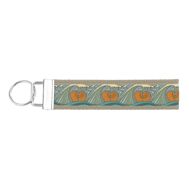 Blue Ocean Waves Nautilus Seashell Pattern Nouveau Wrist Keychain (Keys on Left)