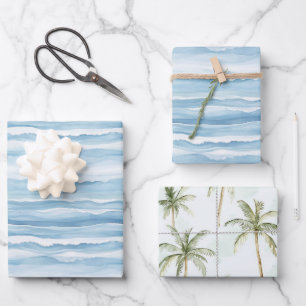 Blue Ocean Waves Palm Trees Wedding Wrapping Paper Sheets