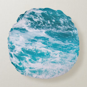 Blue Ocean Waves Round Pillow