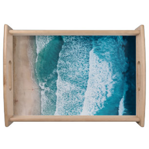 Blue Ocean Waves Sandy Beach Serving Tray