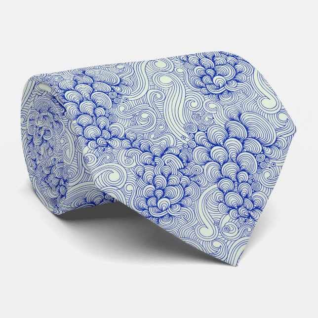 Blue Ocean Waves & Seashell Pattern Neck Tie (Rolled)