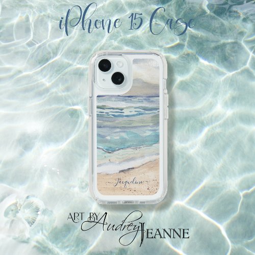 Blue Ocean Waves Sun Sea n Sand Watercolor Name iPhone 15 Case