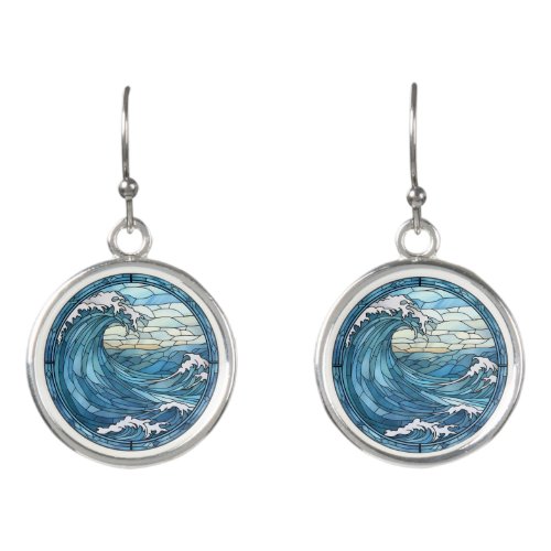 Blue Ocean Waves Sunset Stained Glass Earrings