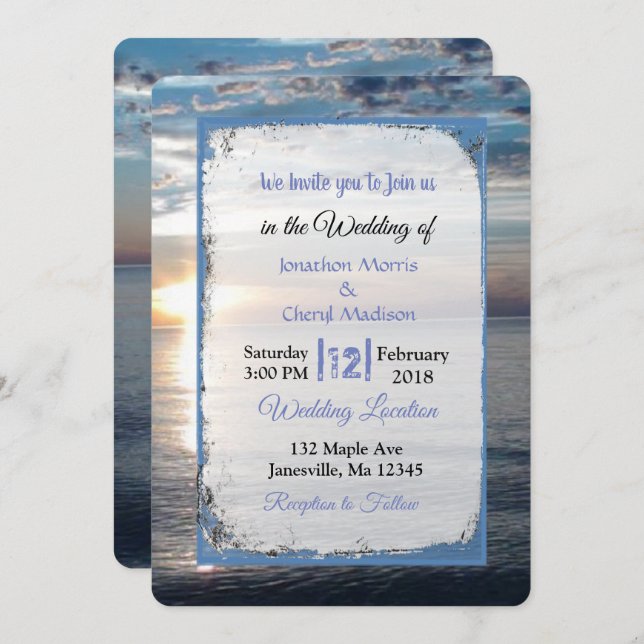 Blue Ocean Waves Sunset Wedding Invitations (Front/Back)