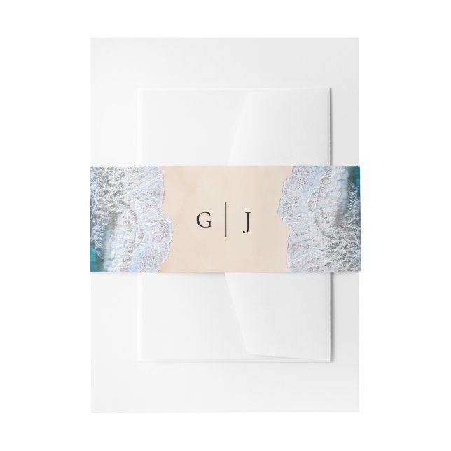 Blue Ocean Waves Tropical Beach Monogram Wedding Invitation Belly Band (Front Example)