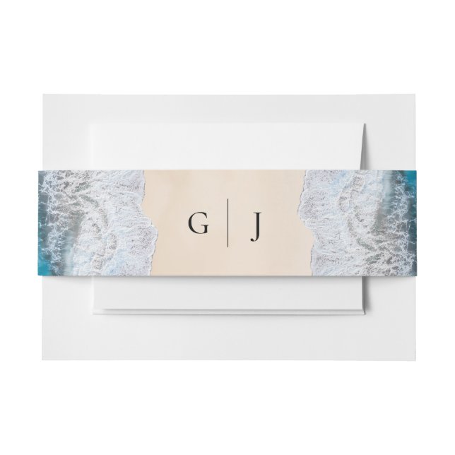 Blue Ocean Waves Tropical Beach Monogram Wedding Invitation Belly Band (Front Example)