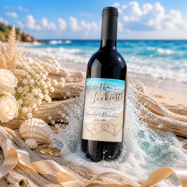 Blue Ocean Waves Tropical Beach Thank You Wedding Wine Label (Creator Uploaded)