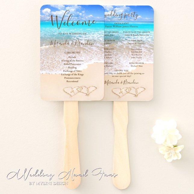 Blue Ocean Waves Tropical Beach Wedding Program Hand Fan (Creator Uploaded)