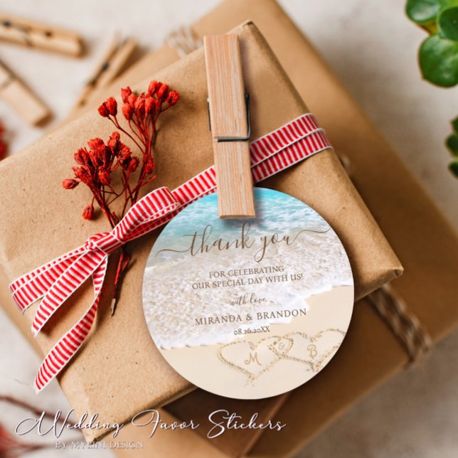Blue Ocean Waves Tropical Beach Wedding Thank You Classic Round Sticker (Creator Uploaded)