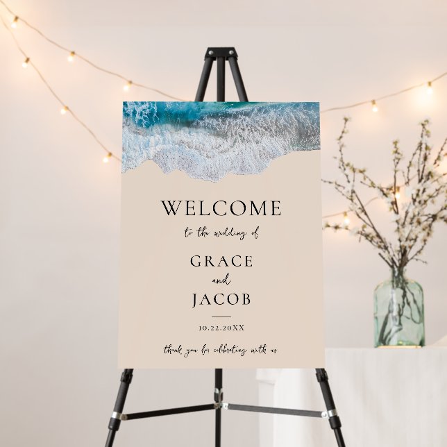 Blue Ocean Waves Tropical Beach Wedding Welcome Foam Board (In Situ (Stand))