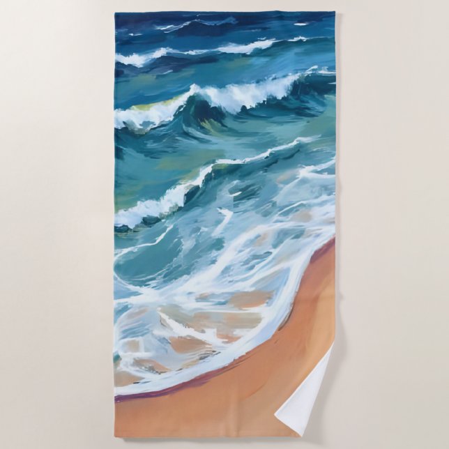 Blue Ocean Waves Watercolor Beach Towel (Front)