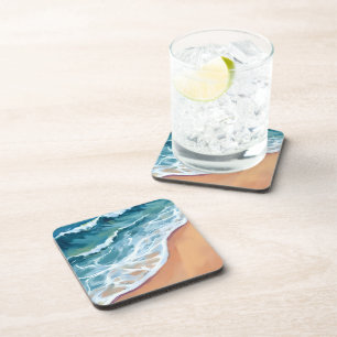 Blue Ocean Waves Watercolor Beverage Coaster