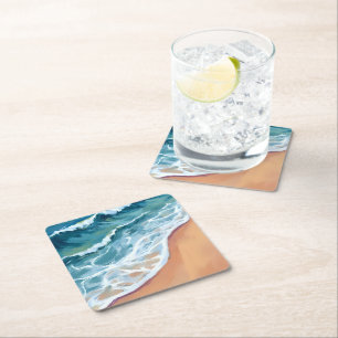 Blue Ocean Waves Watercolor Square Paper Coaster