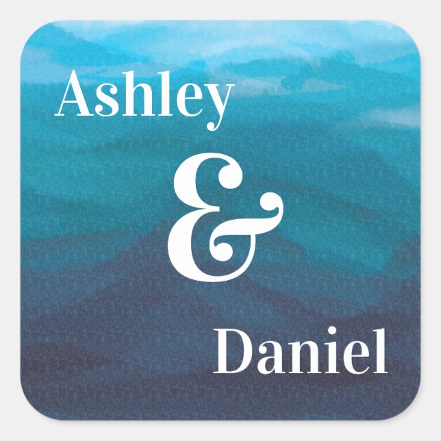 Blue Ocean Waves Watercolor Wedding Sticker, Square Sticker (Front)
