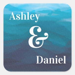 Blue Ocean Waves Watercolor Wedding Sticker, Square Sticker