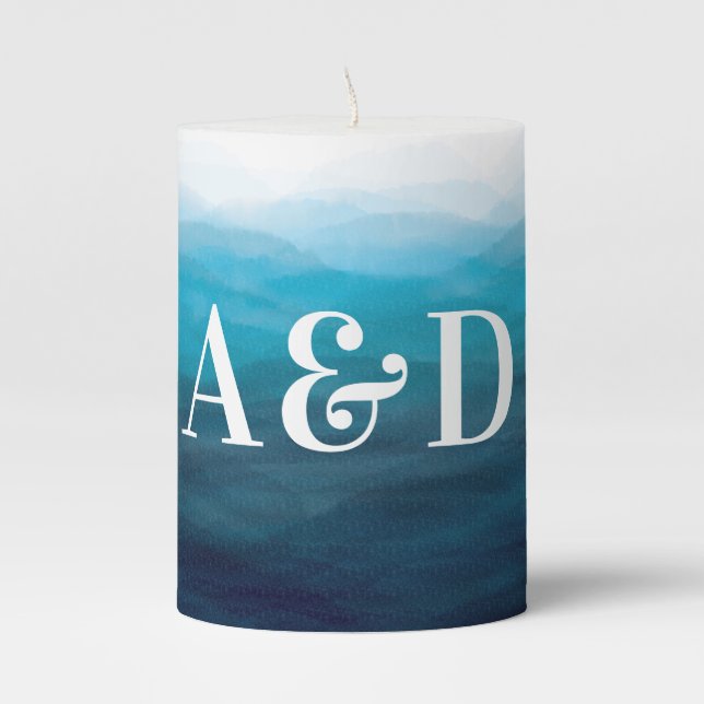 Blue Ocean Waves Wedding Candles, Reception Pillar Candle (Front)