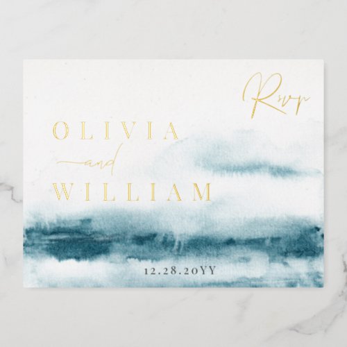 Blue Ocean Wedding RSVP Foil Postcard