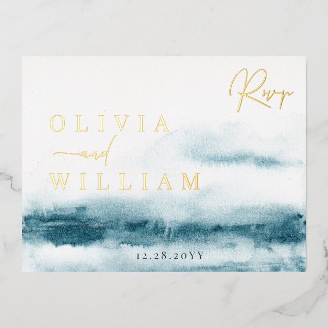 Blue Ocean Wedding RSVP Foil Postcard (Front)