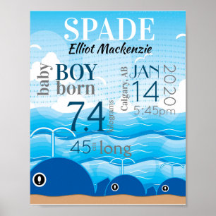 Blue Ocean Whales Baby Boy Birth Stat Sign