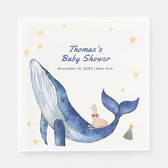Blue Ocean Whimsical Duck Stars Whale Baby Shower Napkins (Front)