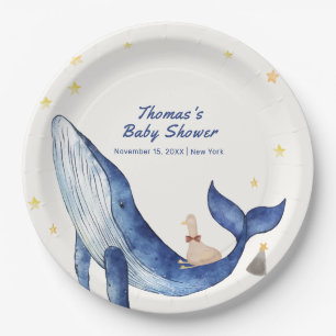 Blue Ocean Whimsical Duck Stars Whale Baby Shower Paper Plates