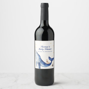 Blue Ocean Whimsical Duck Stars Whale Baby Shower Wine Label