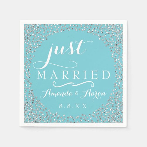 Blue Ocean White Gray Confeti Wedding Just Married Napkins