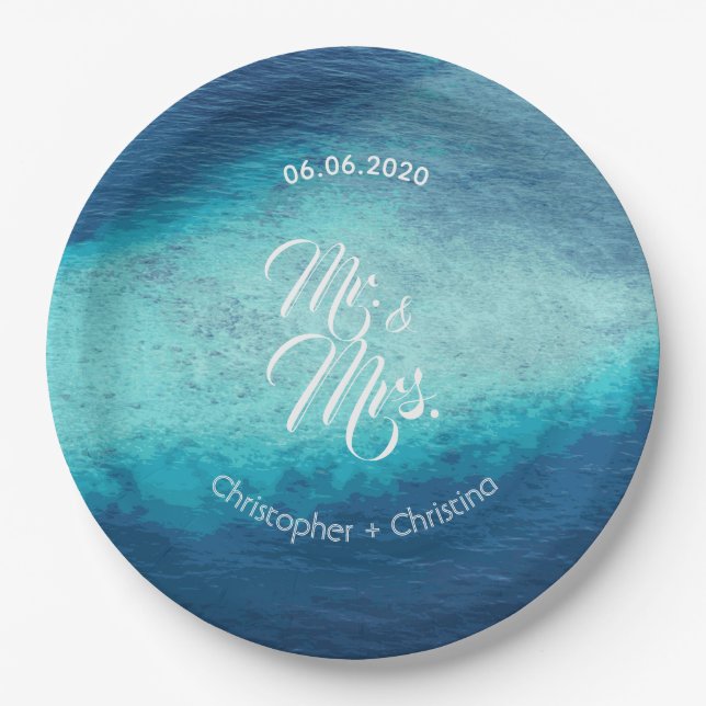 Blue Ocean White Sand Beach Wedding Custom Paper Plates (Front)