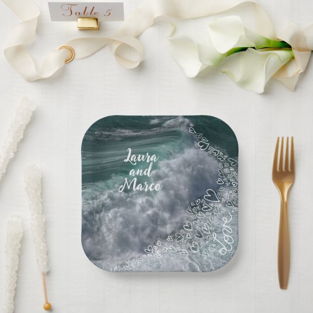 Blue ocean with drawn hearts paper plates (Wedding)