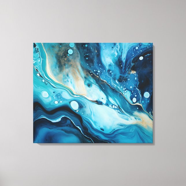 Blue Ocean with Gold Swirl Acrylic Paint Pour Canvas Print (Front)