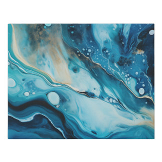 Blue Ocean with Gold Swirl Acrylic Paint Pour Faux Canvas Print