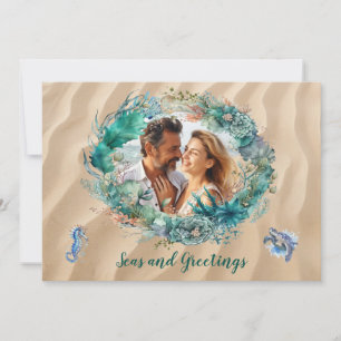 Blue Ocean Wreath Christmas Photo Card