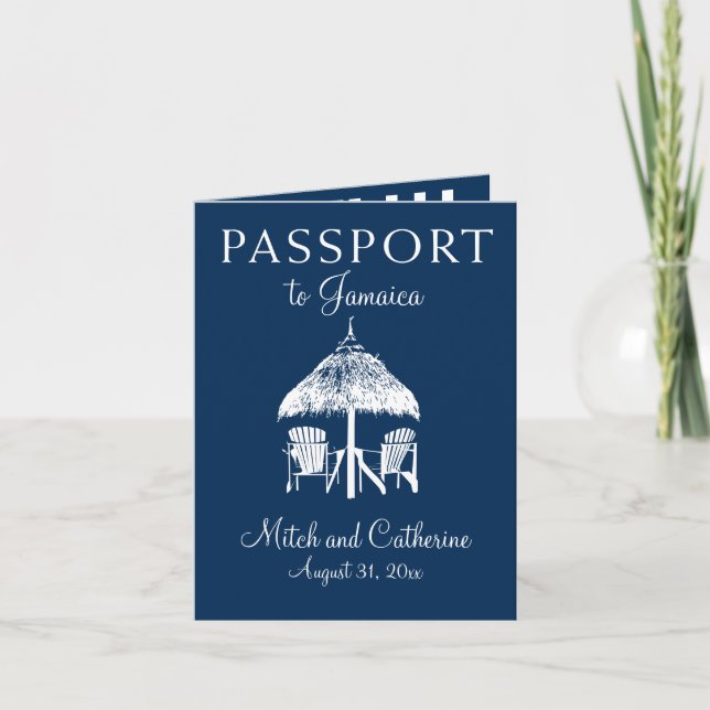 Blue Ocho Rios Jamaica Passport Wedding Invitation (Front)