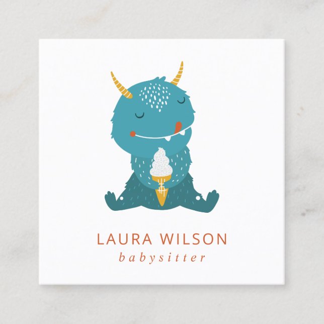 BLUE OCHRE CUTE SANDI LITTLE MOSTER ICECREAM NANNY SQUARE BUSINESS CARD (Front)