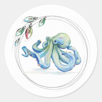 Blue Octopus Beachy Christmas Watercolor  Classic Round Sticker by VGInvites at Zazzle