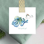 Blue Octopus Beachy Mini Christmas Watercolor  Note Card<br><div class="desc">Wish friends and family a beachy Christmas with my fun and unique coastal themed square greeting card in a tiny size. This cute mini Christmas card pack features my original watercolor blue octopus and holiday lights artwork with in shades of blues, greens and a hint of red. The word "Merry...</div>