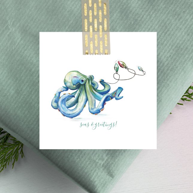 Blue Octopus Beachy Mini Christmas Watercolor  Note Card (Creator Uploaded)