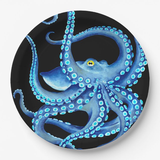 Blue Octopus Black Paper Plates (Front)