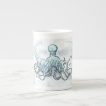 Blue Octopus Bone China Mug Tea Coffee Ocean Beach